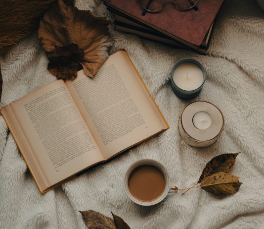 Lesestoff für goldene und graue Tage – die UnAufgefordert Buchtipps für den Herbst ein Buch liegt aufgeschlagen zwischen Laubblättern und Kerzen